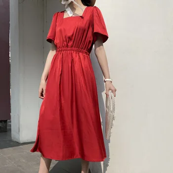 

2020 Summer New Arrive Women Casual Red Dress A-line Solid Short Regular Sleeve Mid-calf Square Collar Slim Hollow Out Korean