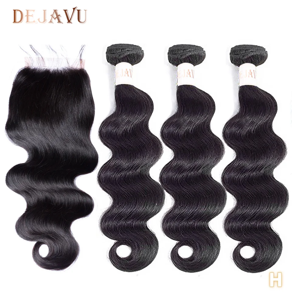 

DEJAVU Body Wave Bundles With Closure Non-Remy 100% Human Hair Weave Bundles With 4*4 Lace Closure 8-28 Inch Hair Extension