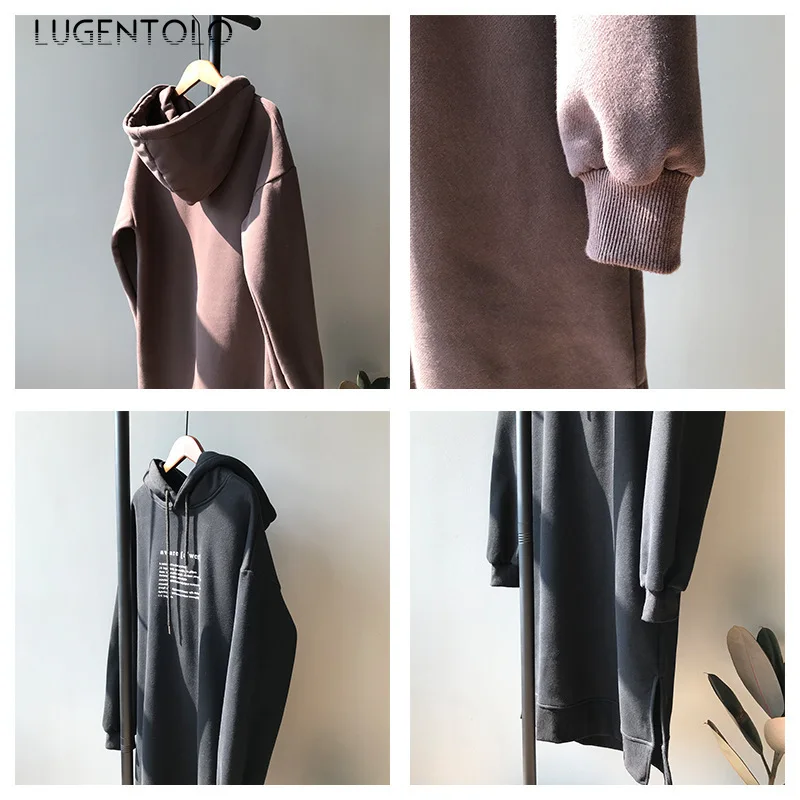 Lugntolo, женские толстовки с капюшоном, Осенние, зимние, повседневные, корейские, с буквенным принтом, плотные, бархатные, с круглым вырезом, прямые, длинные, толстовки, модные, толстовки