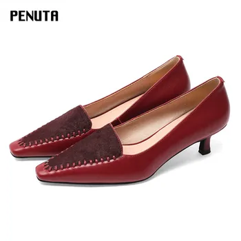 

2020 PENUTA square toe vintage shoes heels Horse Hair Med heel Pumps top quality ladies office shoes genuine leather red G0119