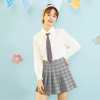 

IEF Spring College Style Women 2pcs Set Causal Lapel Full Sleeves White Shirt High Waist Mini Plaid Skirt 0N13K-D6739-