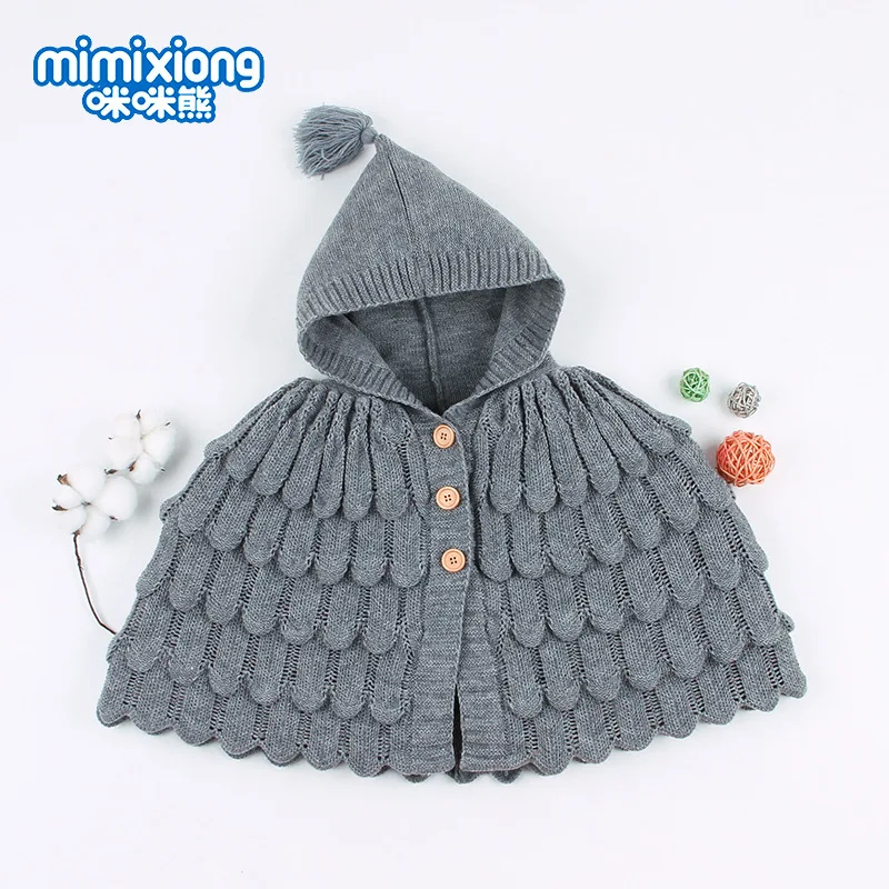 Knitted Style Color Infant Poncho Children's Cloak Hooded Girls Clothing Solid Cutout |