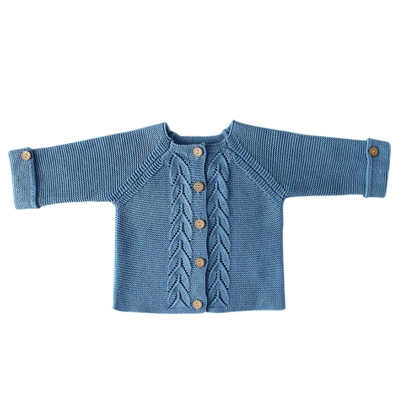 Одежда для маленьких девочек Зимний Детский свитер Хлопковое трикотажное пальто-кардиган с листьями для маленьких мальчиков, одежда для маленьких девочек - Цвет: Синий