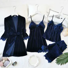 Женские пижамы, сексуальный кружевной халат, пижама, золотой бархат, 4 шт., пижамный комплект с длинным рукавом, зимняя теплая одежда для сна, femme, домашний костюм