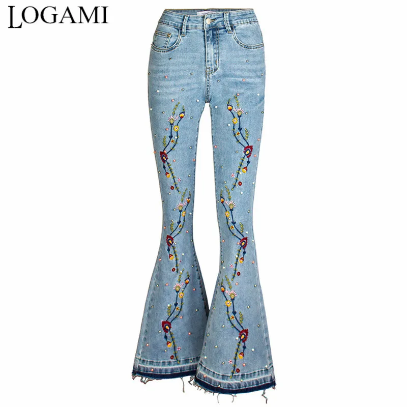 LOGAMI/джинсы с цветочной вышивкой для женщин; большие размеры; женские винтажные джинсы с вышивкой; расклешенные брюки - Цвет: Синий