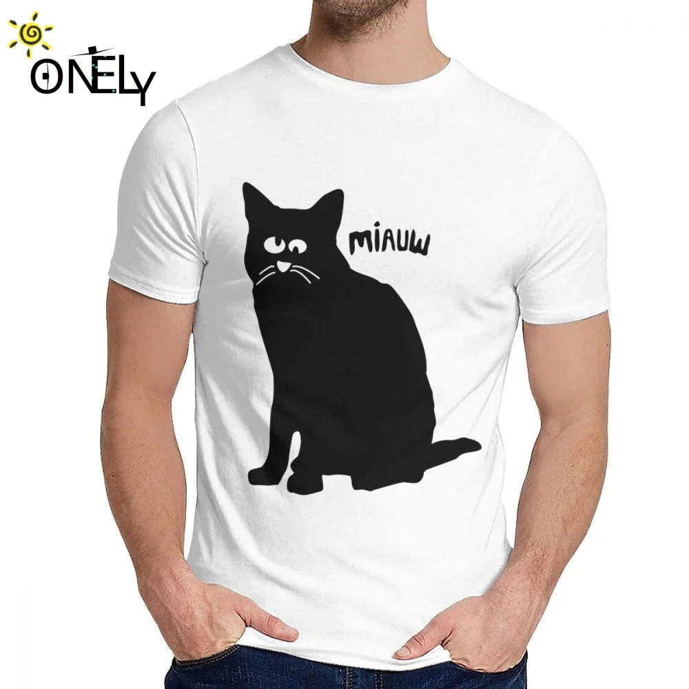 Miauw Сумасшедший черная футболка с принтом в виде кота классическим круглым