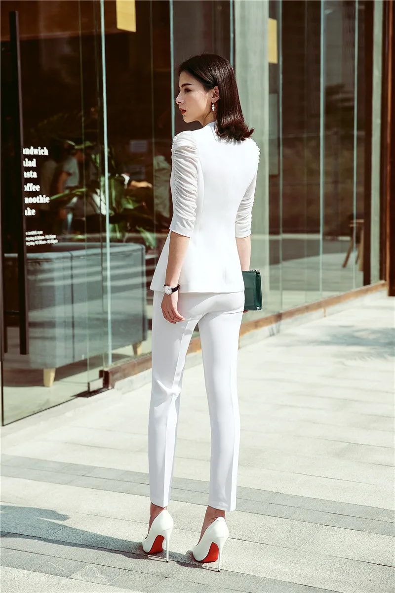 Стиль весна лето формальный брючный костюм с топом и брюками элегантный белый для женщин женские брюки костюмы брюки наборы