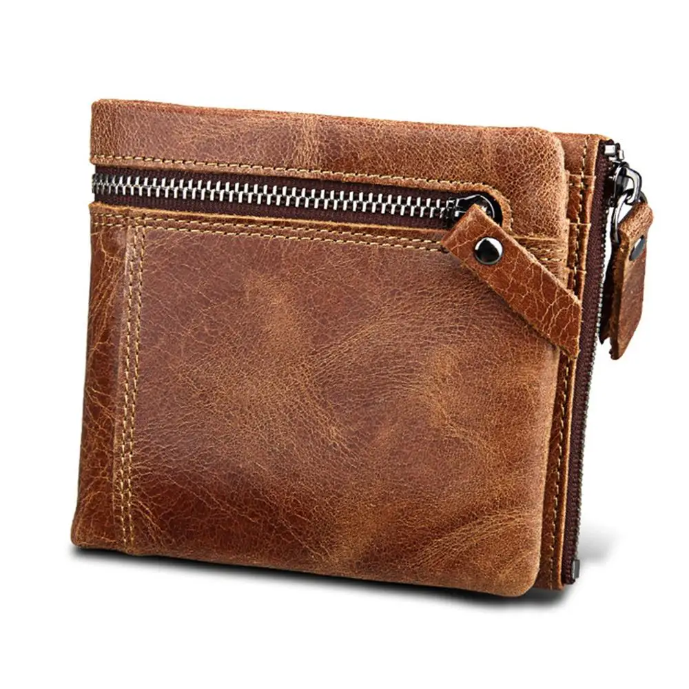

Fashion Real Men Crazy Horse Cow Top Layer Skin Genuine Soft Leather Short Wallet Zipper Hasp Style Card Cash Cases