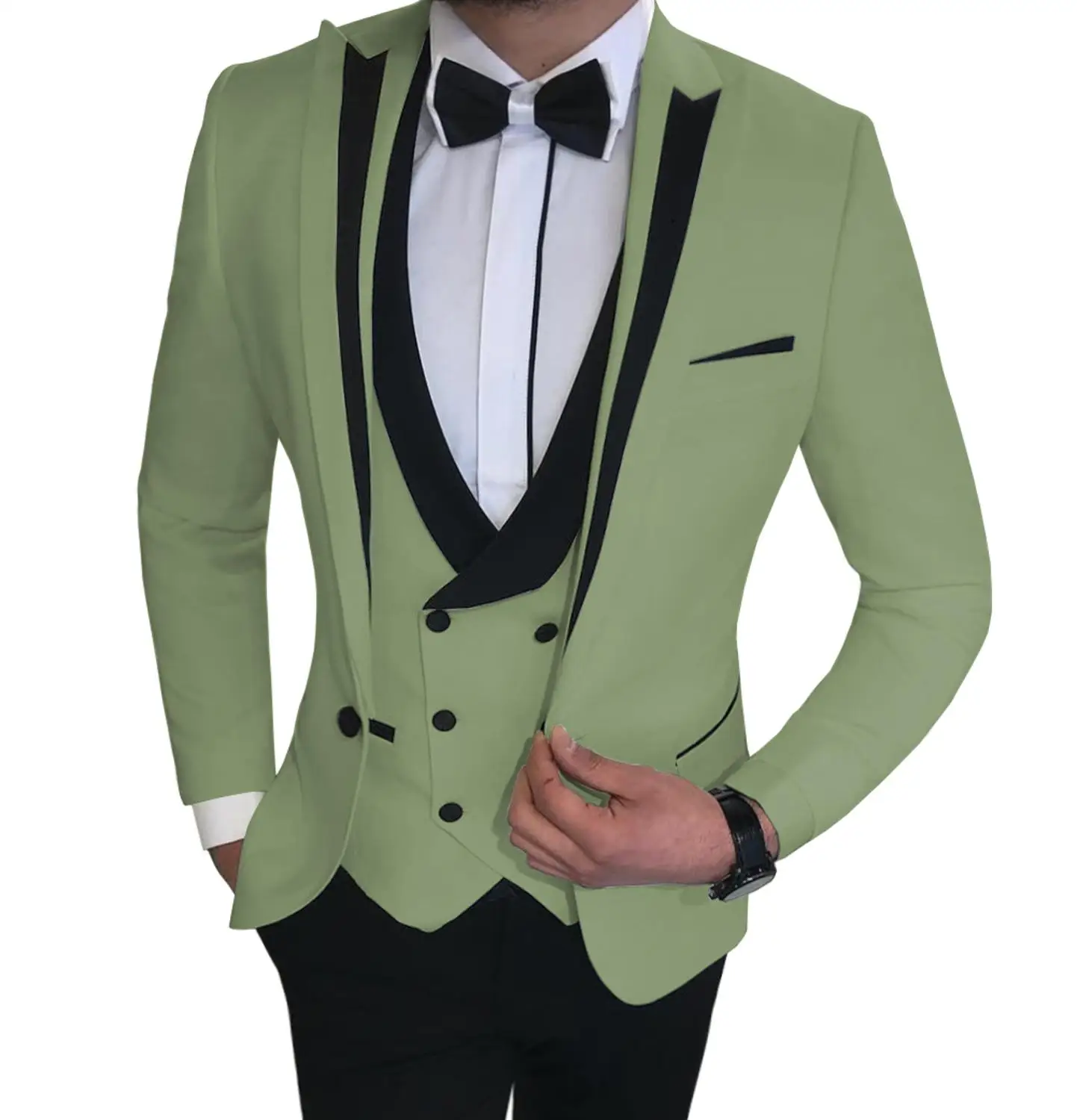 SOLOVEDRESS, мужской костюм, 3 предмета, Повседневный, с зубчатым отворотом, деловой жених, мужской свадебный смокинг, мужской костюм(пиджак+ жилет+ брюки - Цвет: Tea Green