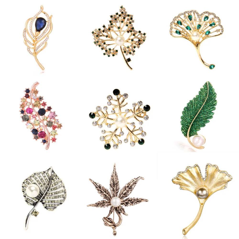Crystal Brooch Ginkgo Maple Women Jewelry Badges Plant Female Vintage JUJIE for Cardigan