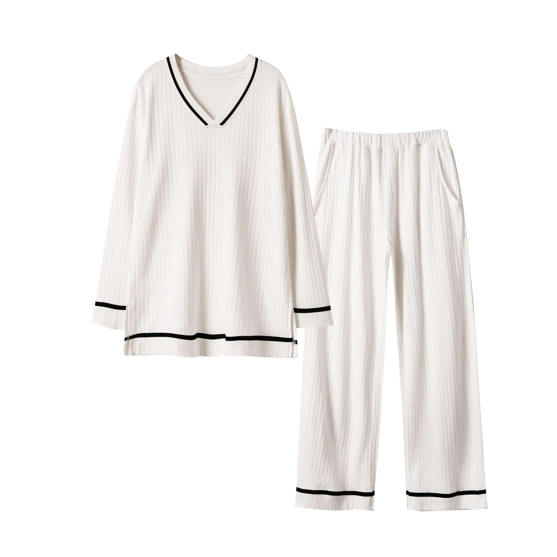 White Autumn New Pyjamas Ladies Cotton V-neck Pajamas Strip Simple Long-sleeved Two-piece Pajama Set Solid Sleepwear Home Clothes - Color: White