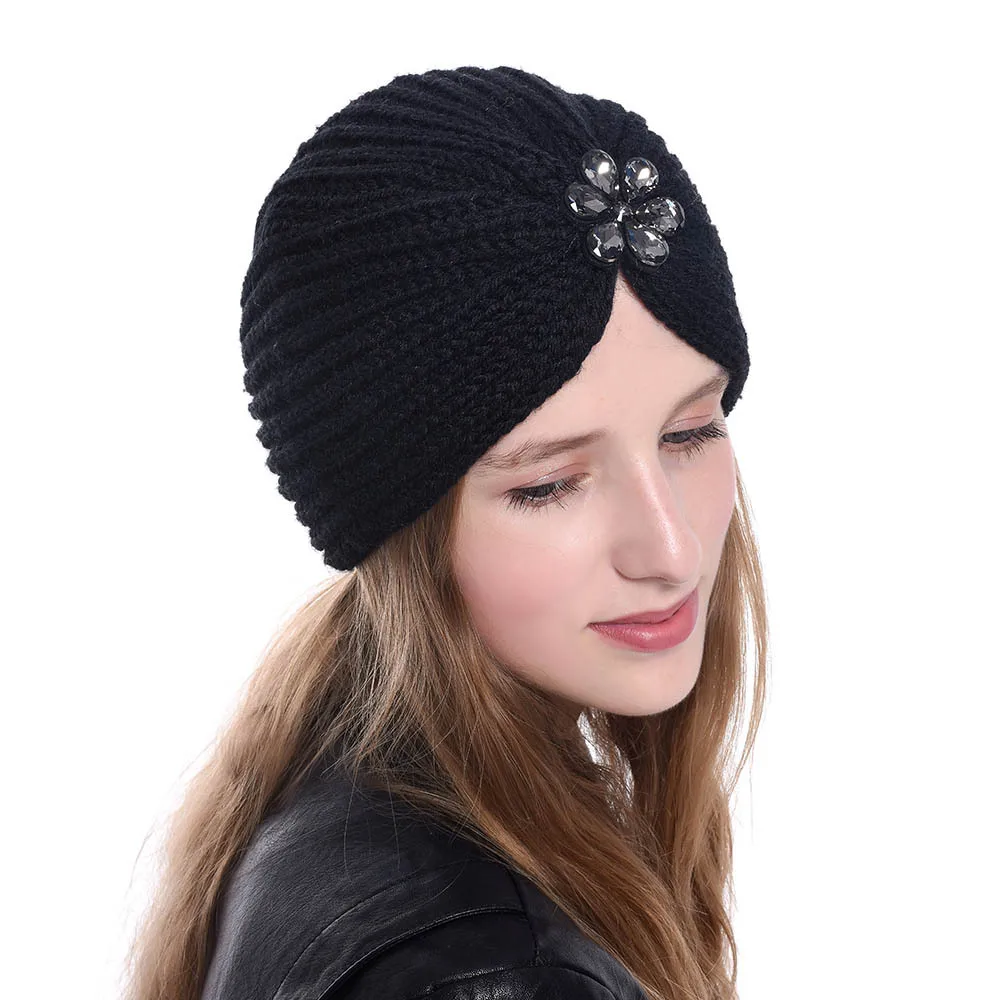 

Women Bohemian Style Warm Winter Autumn knitted Cap Fashion Boho Soft Hair Accessories Turban Solid Color female Muslim hat