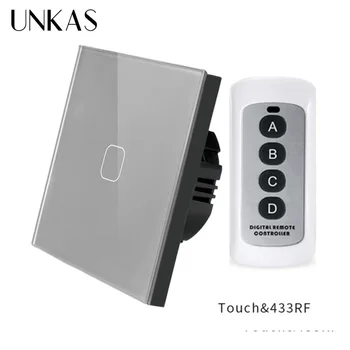 

UNKAS Gray EU Standard Remote Control 1 Gang 1 Way Wireless Wall Touch Light Switch Tempered Crystal Glass Panel