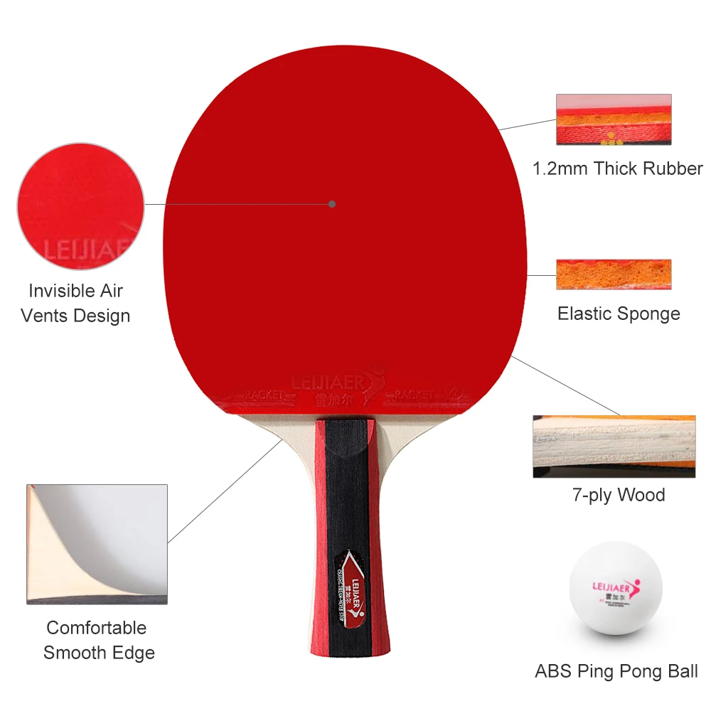 2PCS Table Tennis Rackets and 3 Ping Pong Balls with Cover Bag 7-ply Wood Long Handle Rubber Table Tennis Bats 25.6* 15cm