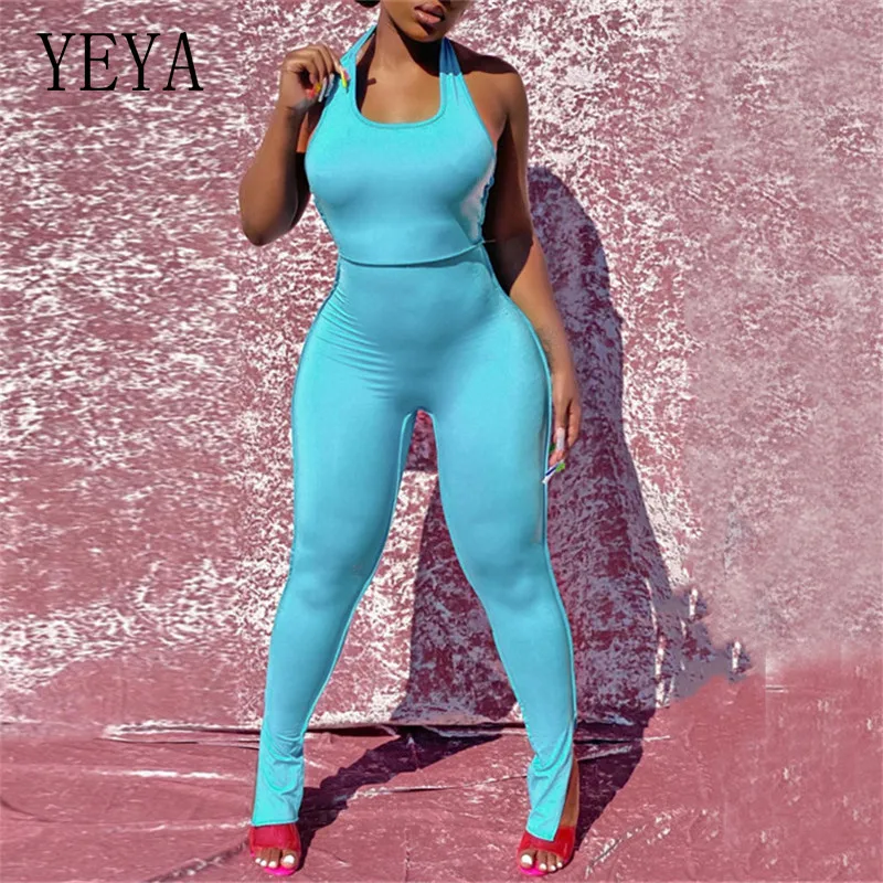

YEYA Sexy Halter Backless Bodycon Jumpsuit Open Back Women Streetwear Outfits Hollow Out Club Party Bandage Stretchy Romper