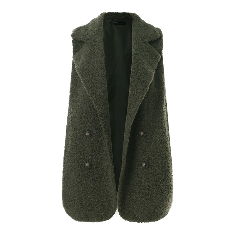 Модный жилет из искусственного меха для женщин, зима-осень, жилет, с отворотом, на пуговицах, без рукавов, повседневные пальто, женские куртки, S-5XL - Цвет: Армейский зеленый