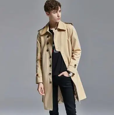 Хаки Mens Single-breasted trench coats man Medium length coat men casual clothes slim fit overcoat long sleeve new designer - Цвет: Хаки