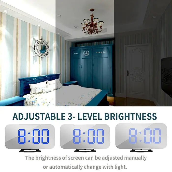 Easy Snooze Function Diming Mode Mirror Square Surface LED Digital Home, Bedroom Alarm Clock