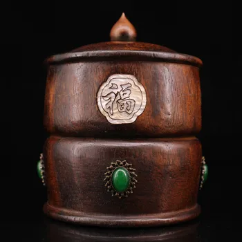 

wedding decoration Chinese collection old hand-carved wood inlaid gems Fu Lu Shouxi shell tea pot box