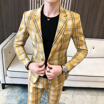 

2020 Season Grid Suit Suit Men Slim Fit Barber Small Suit Groom Marriage Dress