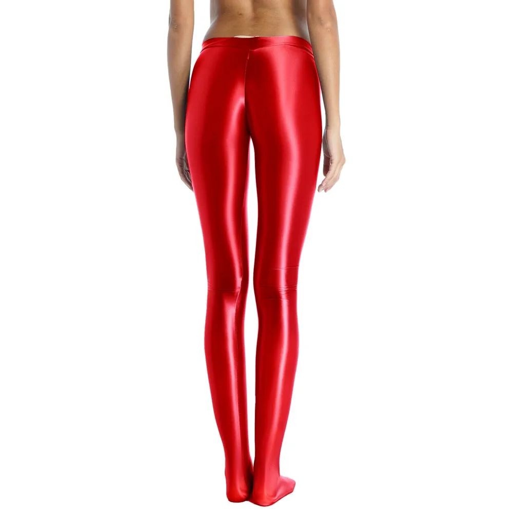 Sexy Women Glossy Stretchy Pantyhose Zipper Crotch Sport Fitness Rave Dance Tights Pants Mid Waist Leggings