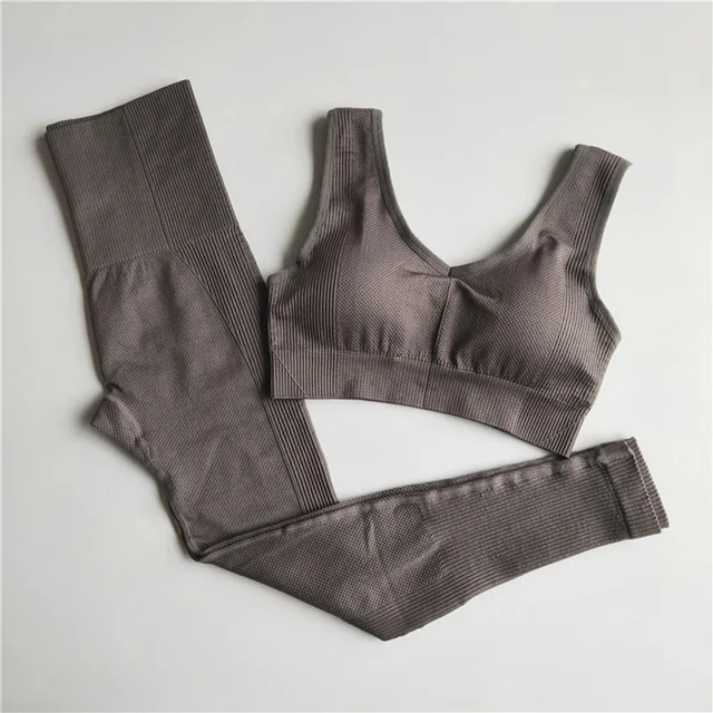 Brown 2Pcs set Женский бесшовный комплект для йоги, одежда для фитнеса, леггинсы с высокой талией+ спортивный бюстгальтер, спортивный костюм из 2 предметов, одежда для спортзала и тренировок, спортивная одежда для бега - Цвет: Brown 2Pcs set