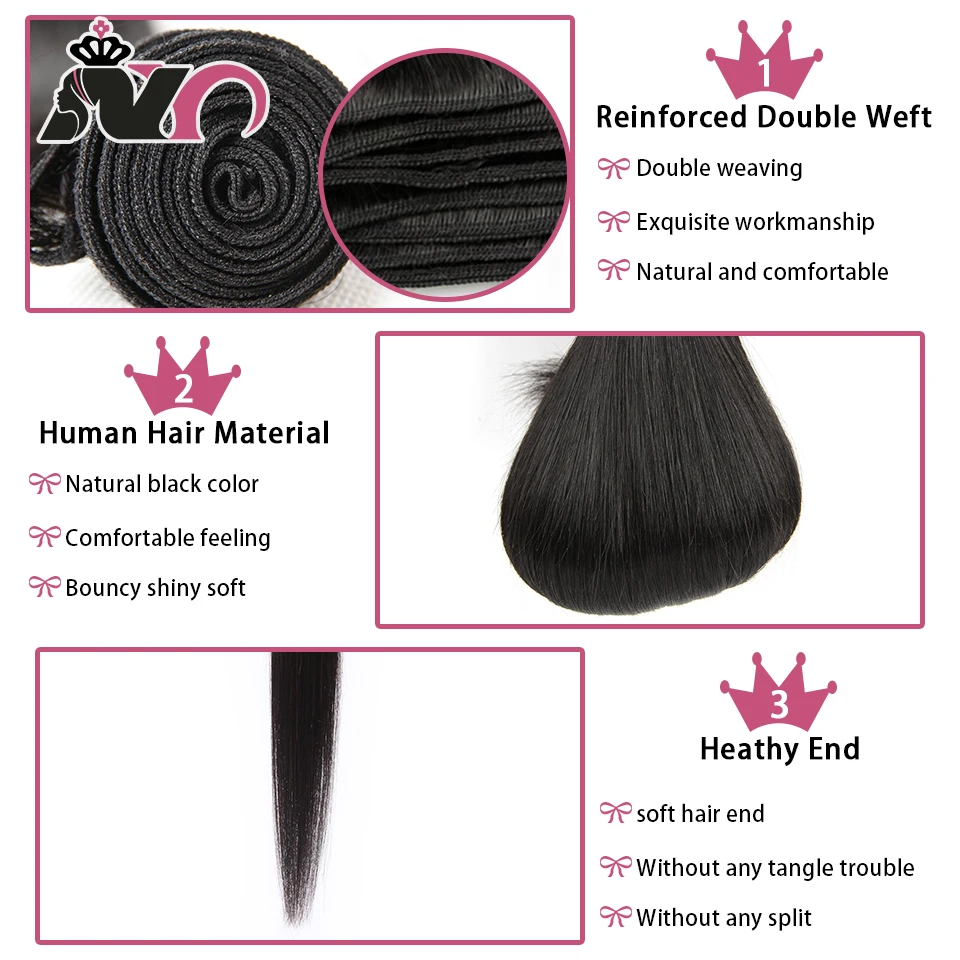 NY Hair Straight Hair Bundles with Closure Peruvian Weave Natural Color 100% Human Hair 4 Bundles With 4*4 Closure Non-Remy Hair