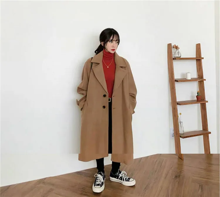 2021 Autumn Winter New Woolen Coat Women Korean Femme Black Wild Wool Jacket Female Fashion Long Loose Ladies Overcoat S2284 long puffer coat womens