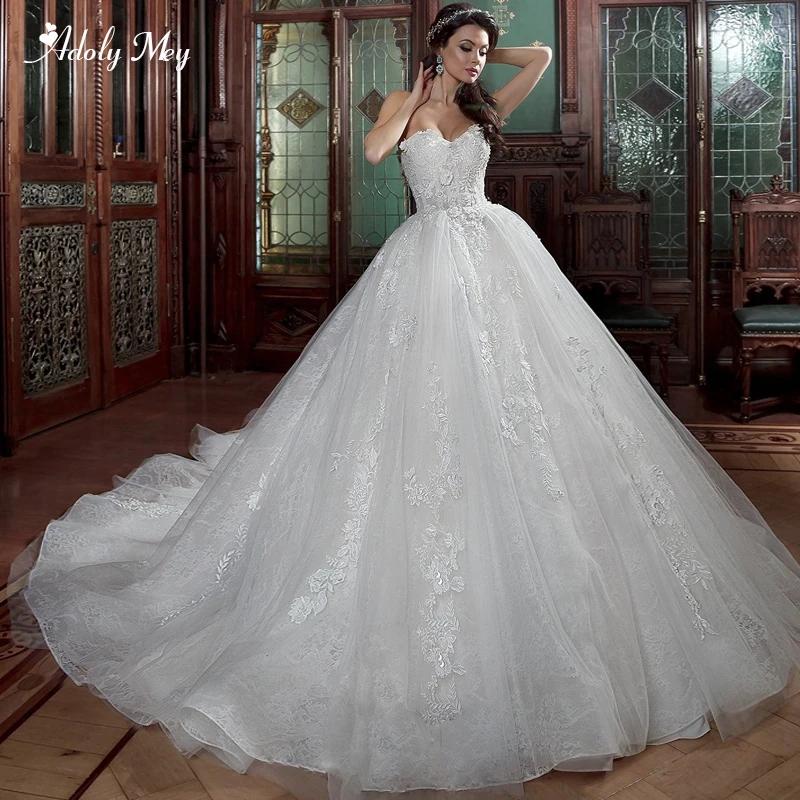

Adoly Mey Charming Strapless Backless Lace Ball Gown Wedding Dresses 2020 Luxury Appliques Beaded Flowers Princess Bridal Dress