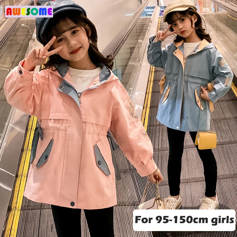 

Color Block Windproof Coat 2020 Spring Teen Girls Jackets Lace-up Hooded Jacket for Kid Floral Embroidered Windbreaker 3-13 year