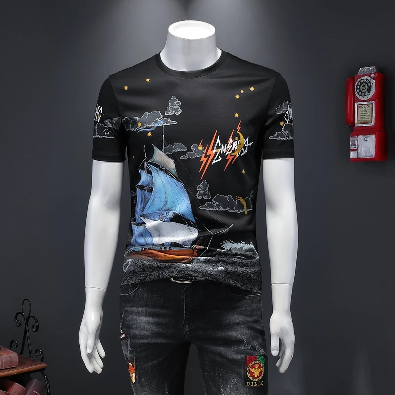 

Trendy Slim T Shirt Men 2020 Summer Men's Sailing Letter Printing Mercerized Cotton Short Sleeve T-Shirt 3D Casual Tee Tops