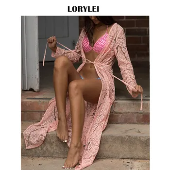 

Bohemian Pink Self Belted Wrap Dress Lace Tunic Women Summer Beach Wear Sexy V-Neck Long Sleeve Front Open Maxi Dress pareo Q286
