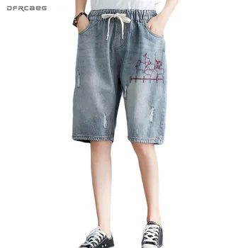 

Loose Women's Knee Length Denim Shorts Summer 2020 Fashion Elastic Waist Casual Vintage Embroidery Jeans Short Female