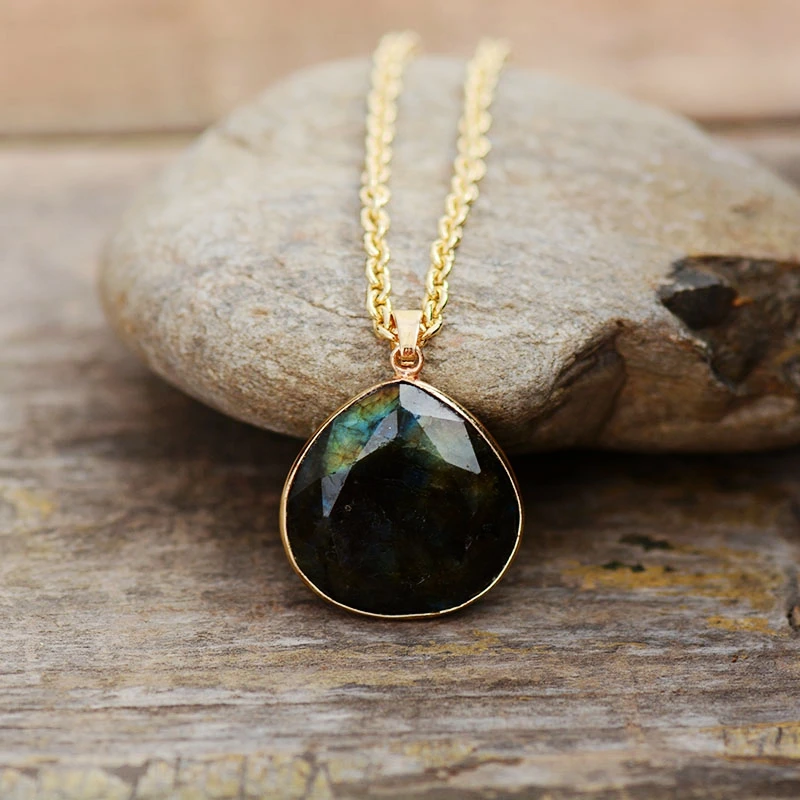Natural Stone Teardrop Pendant Necklace Labradorite Gold Tone Chain Short Necklace Unique Gems Jewelry Wholesale Dropshipping - Image 3