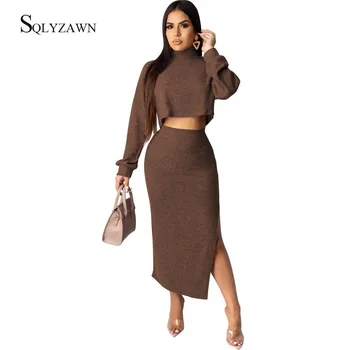 

Turtleneck Long Sleeve Crop Top Sweatshirt + Split Long Skirt Matching Outfit Female Fall 2 Piece Set Casual Coffee Track Suits