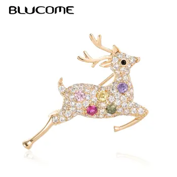 

Blucome Colorful Zircon Deer Shape Brooches Pins Gold Color Christmas Gift Small Copper Animal Brooch Corsage Coat Collar Clip