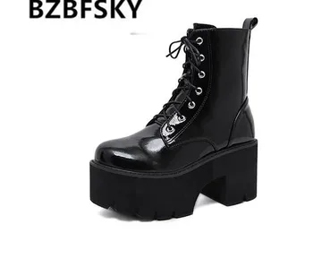 baratas Mulher Rendas Botas De Outono Das Mulheres Senhoras Chunky Cunha Plataforma Preto Patente Couro Tornozelo Botas Punk Goth Nova Chegada 2020