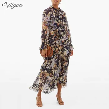 

Ailigou Runway Fashion Chiffon Dress 2020 Long Flare Sleeve Cascading Ruffles Floral Print Sashes Vocation Irregular Midi Dress