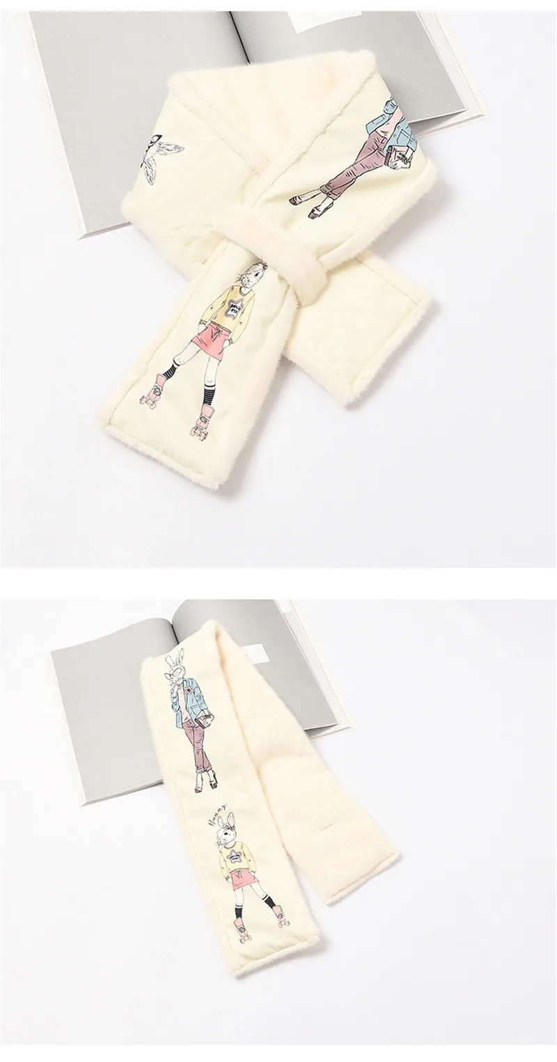 Cartoon Animal Print Scarf Women Sweet Splicing Color Faux Fur Plush Cross Thick Scarf Girls Elegant Fluffy Winter Warm Scarves
