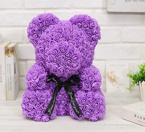 40 см цветок Роза медведь Подарочный плюшевый мишка коробка искусственный пенопластовый медведь на День святого Валентина Рождественский подарок Свадебные цветы украшения - Цвет: Purple