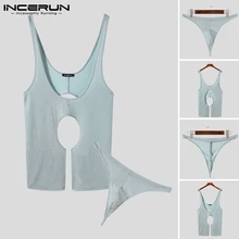 

INCERUN Comfortable Homewear Sexy Leisure New Men's Furnishing Shiny Fabric Briefs&sleeveless Male Onesies Two-piece Suits 2021