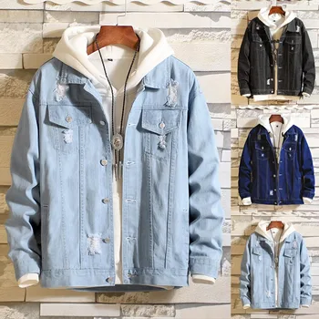 

Men's Autumn Winter Vintage Wash Distressed Denim Jacket Coat Top Blouse Outwear Basic loose casual short Outwear For Women