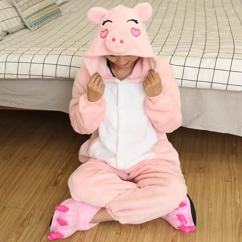 Костюм животных единорога для взрослых девочек Детские ползунки «панда» кигуруми фланелевый стежок женский аниме-комбинезон Маскировка цельный костюм - Цвет: Pink Pig FL