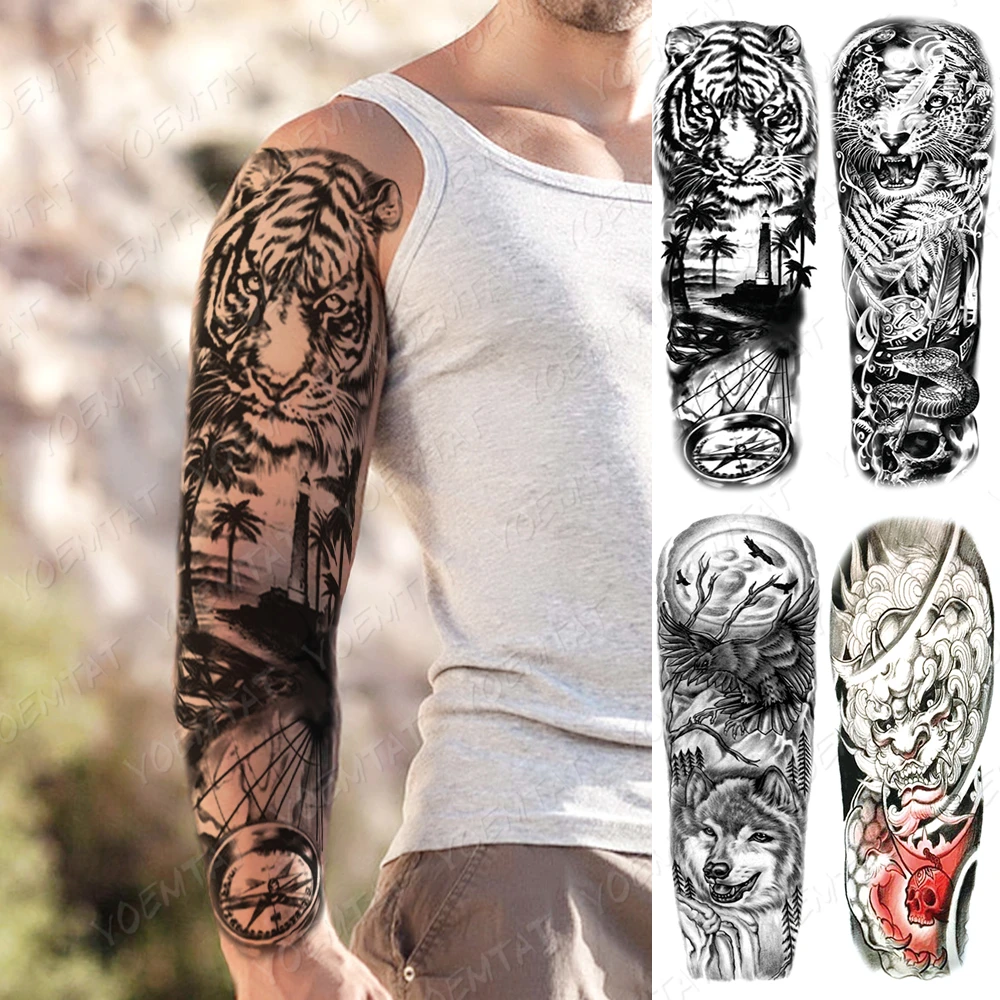 Prix Tatouage Bras Complet Homme Autocollant de tatouage temporaire, bras complet, étanche, tigre, Lion,  loup, forêt, diable, Flash, homme, Totem, Art corporel, fausse manche, pour  femmes | AliExpress