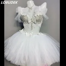 Серебряный бюстгальтер со стразами, белая сетчатая юбка, наряд для танцев, женская Танцевальная команда, DJ, диско, танцевальный костюм, сексуальный, для бара, клуба, певца, костюм