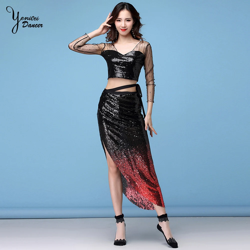 

Practice Clothes Autumn And Winter New Sexy Net Yarn Beads Bright Hip Scarf Belly Dance Suit Beginner