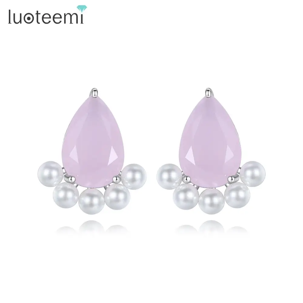 

LUOTEEMI 3 Colors Cute Crystal Stud Earrings for Woman Wedding Engagement Fashion Jewelry Simulated Pearl Brincos Christmas Gift