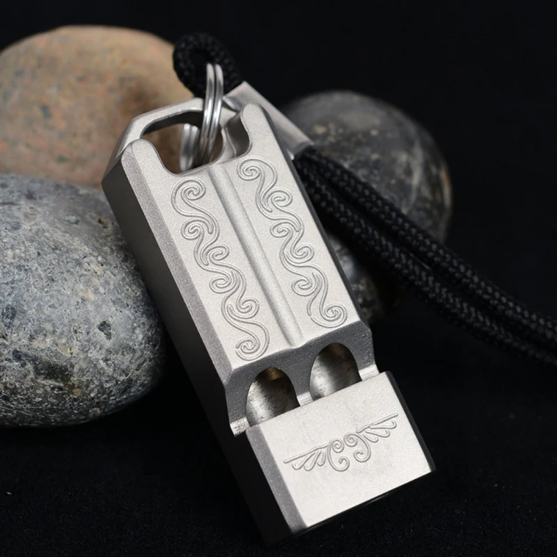 

Outdoor Silver Titanium Alloy Whistle Survival Tools Double Tube Carving Training Whistle Emergency Hiking Camping