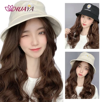 

HUAYA Hat Wig Heat Resistant Fiber Synthetic Long Deep Wavy Wig Fisherman Hat Hair Extensions Women's Daily Wear Hat Hairpieces