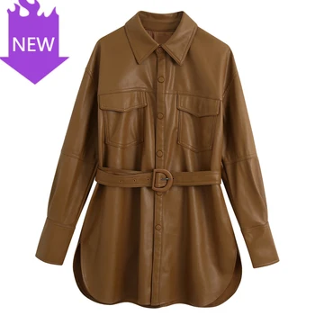 

Tie Belt Waist Shirts Women Elegant Pockets Long Sleeve Tops Female Ladies Casual Brown PU Leather Blouses Women Fashion
